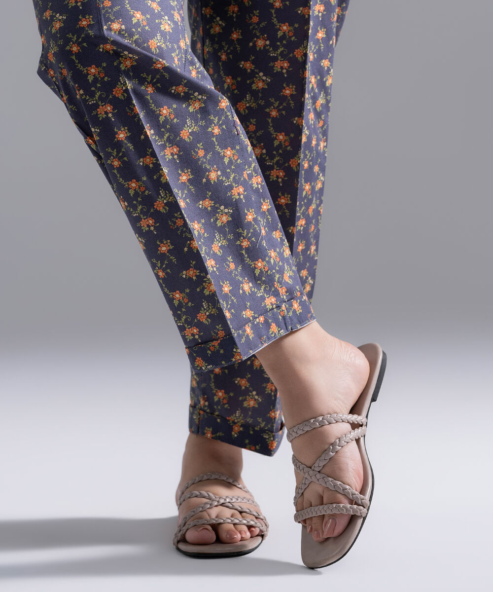 Women's RTW Cambric Printed Charcoal Grey Straight Pants