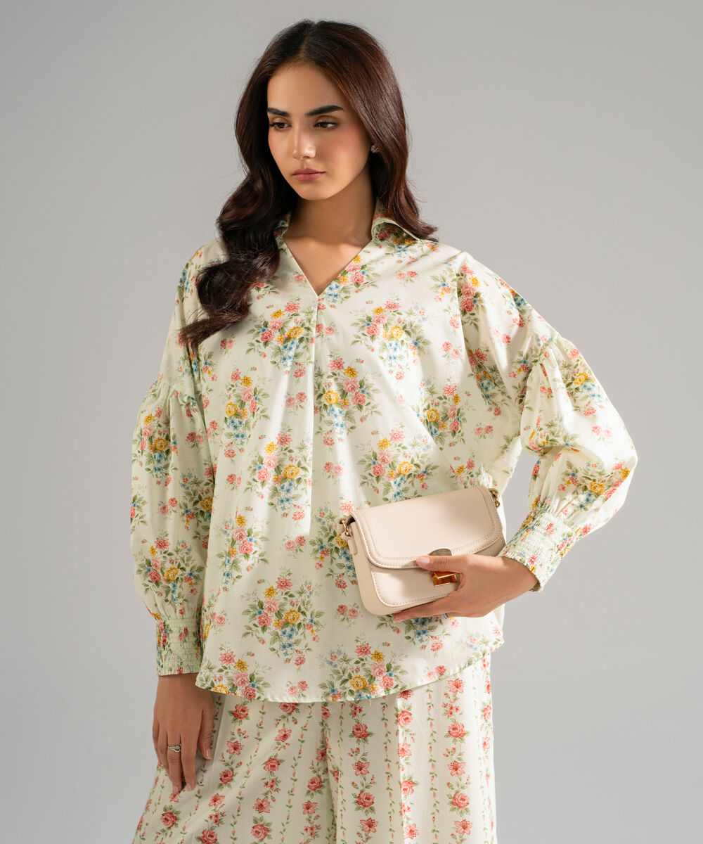 Women's RTW Slub Lawn Printed Mint Green Drop Shoulder Shirt
