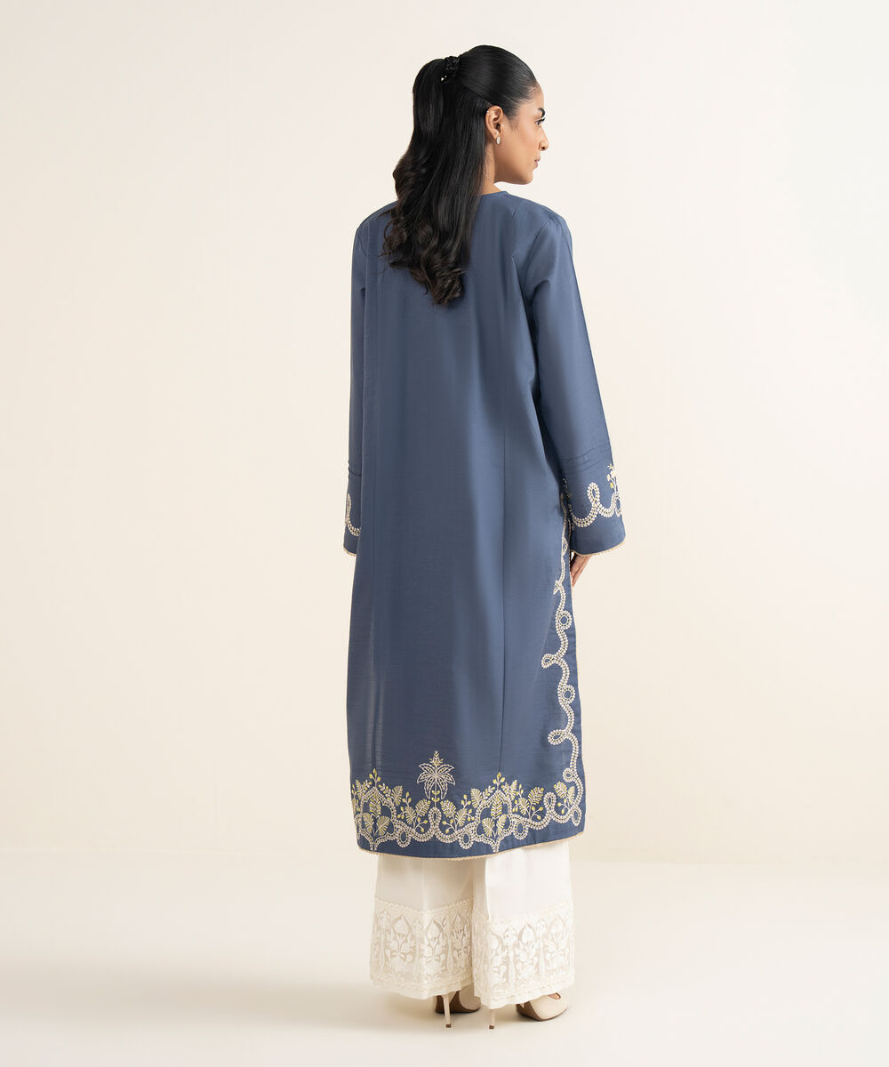 Women's RTW Light Khaddar Embroidered Blue A-Line Shirt