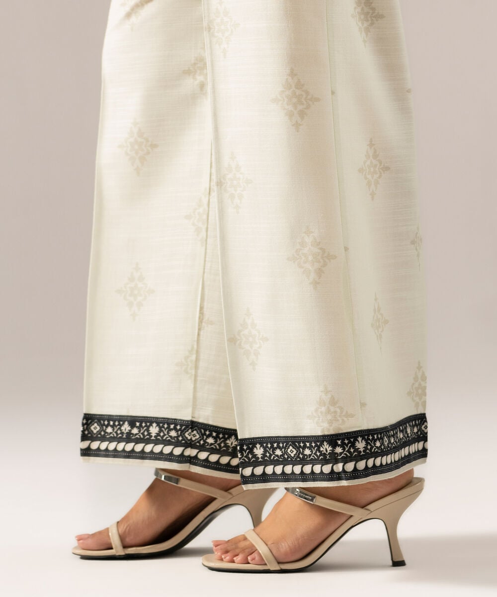 Women's RTW Printed White Khaddar Flared Pants