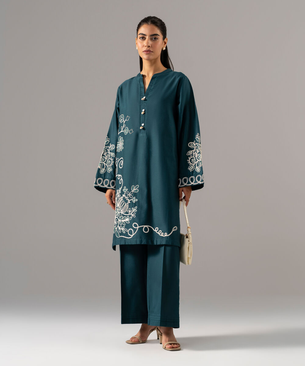 Women's RTW Cotton Linen Embroidered Green 2 Piece Suit