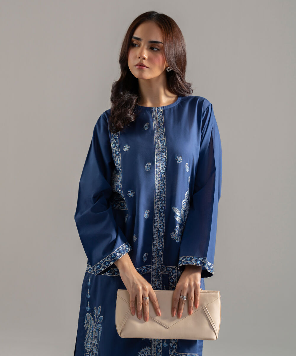 Women's RTW Lawn Solid Embroidered Dark Blue Straight Shirt