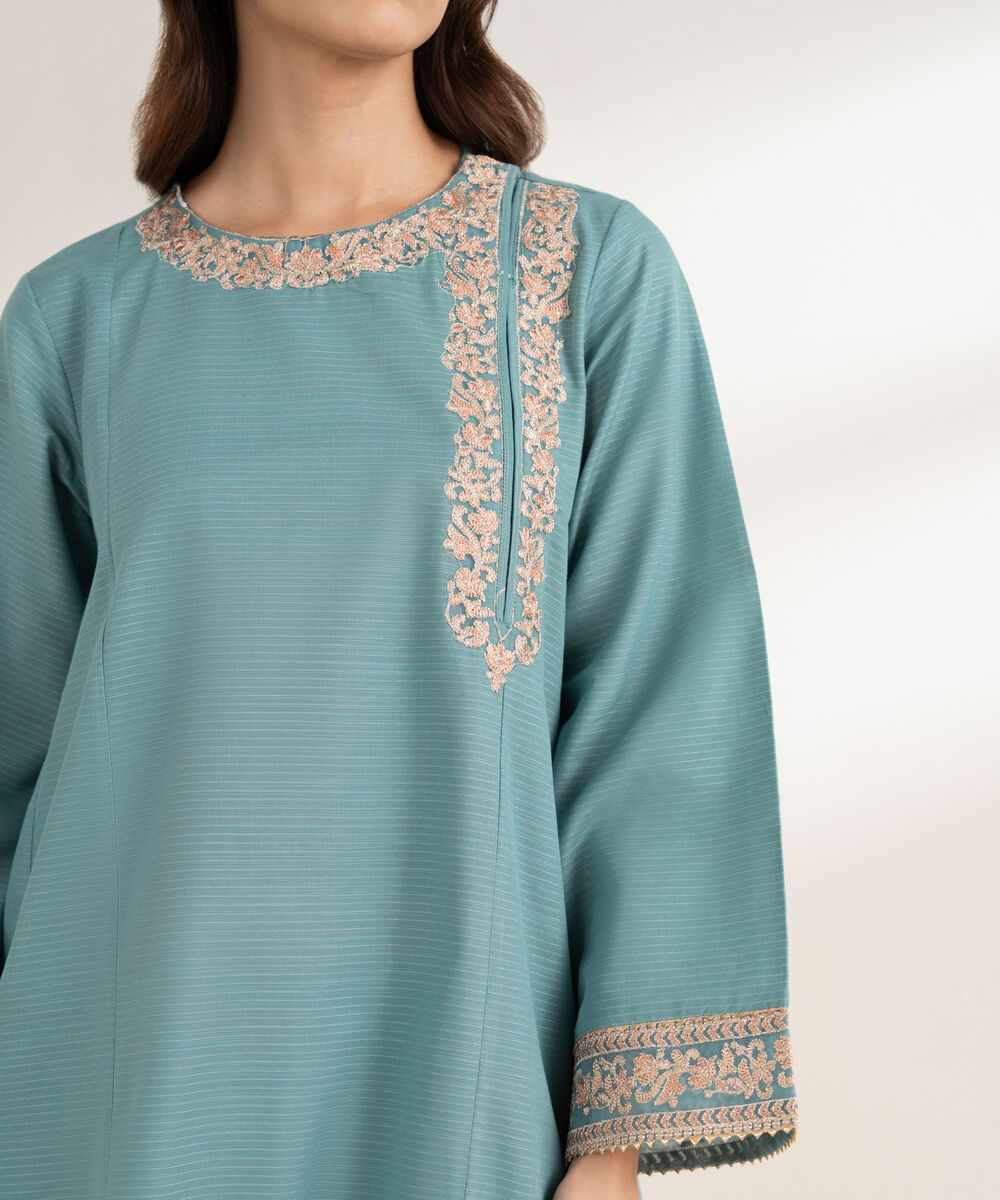 Women's RTW Zari Cotton Embroidered A-Line Blue Shirt