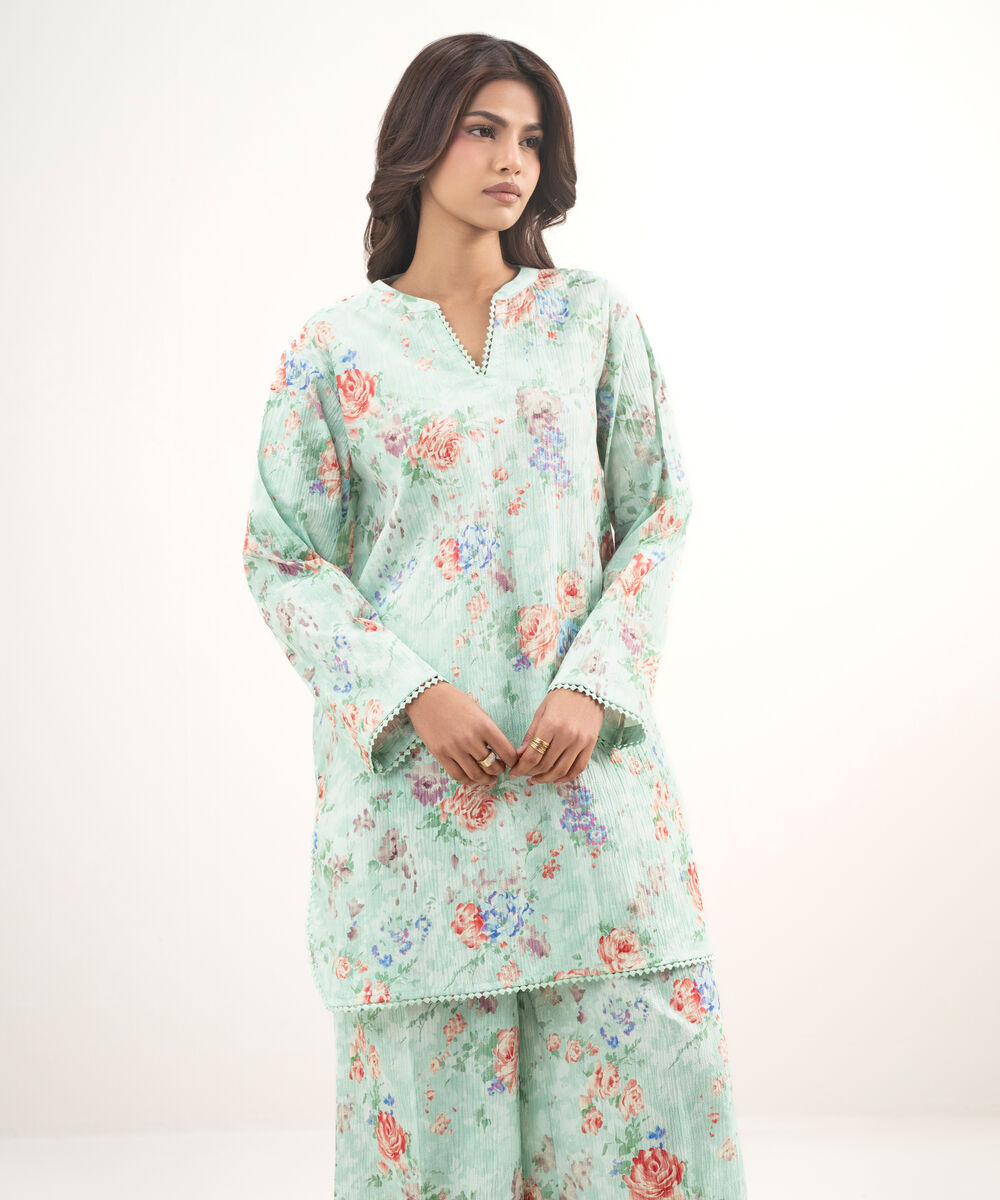 Women's RTW Seersucker Printed Turquoise Straight Shirt