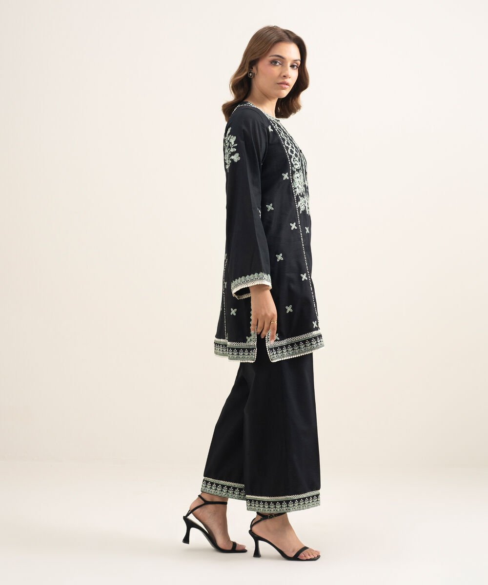 Women's RTW Dobby Embroidered Black A-Line Shirt