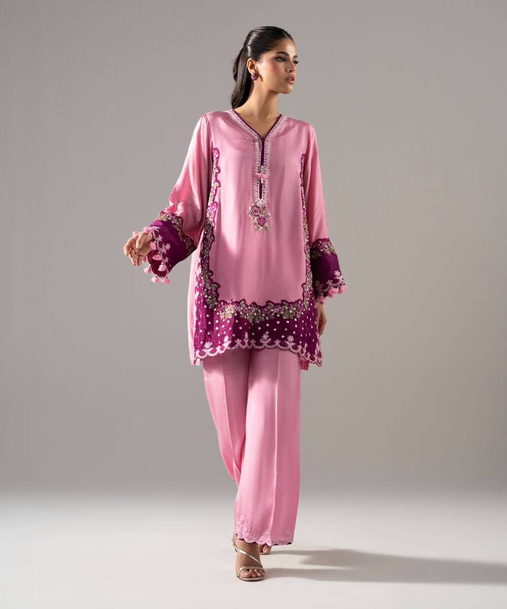 Women's RTW Thai Silk Solid Embroidered Pink 2 Piece Suit