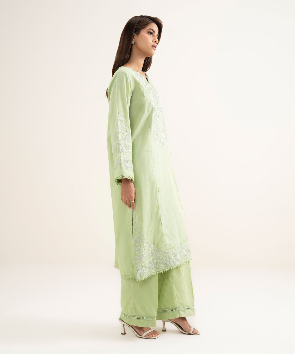 Women's RTW Self Jacquard Solid Green Culottes