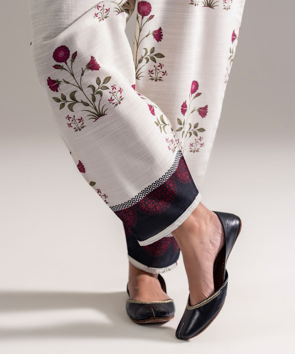Women's RTW Khaddar Printed White Skinny Shalwar