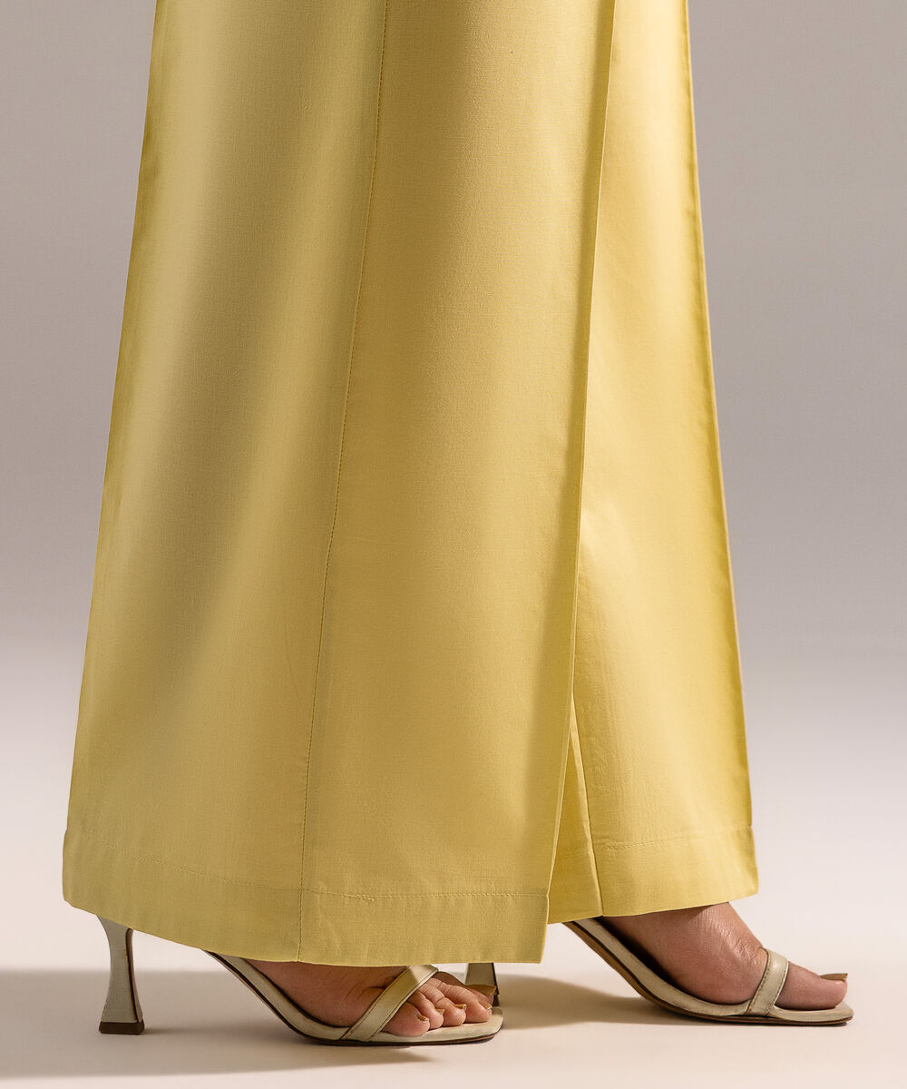 Women's RTW Cambric Solid Pale Yellow Flared Pants