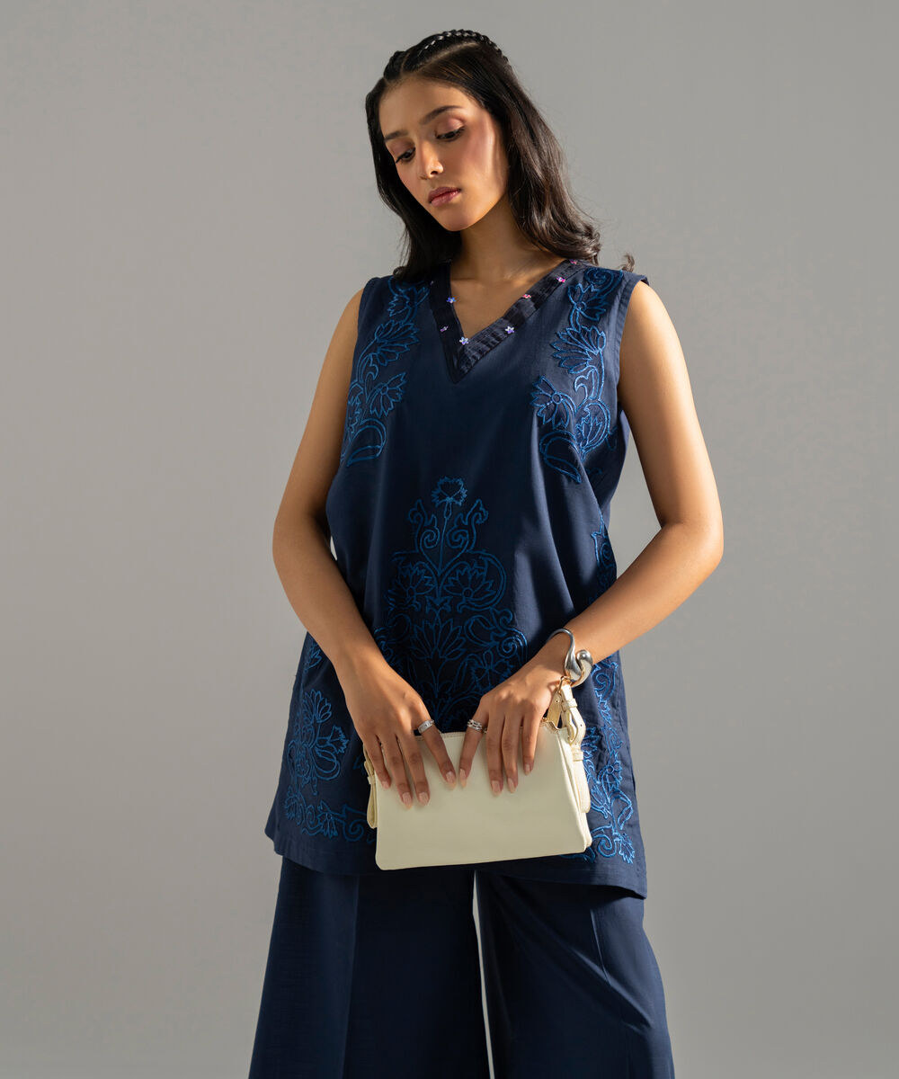 Women's RTW Cross Hatch Solid Embroidered Blue 2 Piece Suit