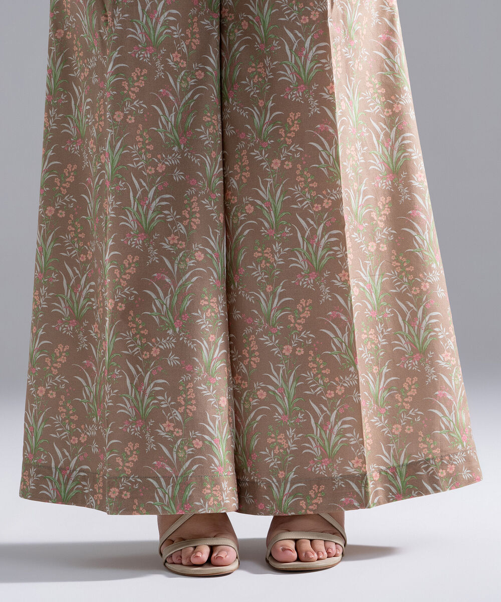 Women's RTW Cambric Printed Dark Beige Flared Pants