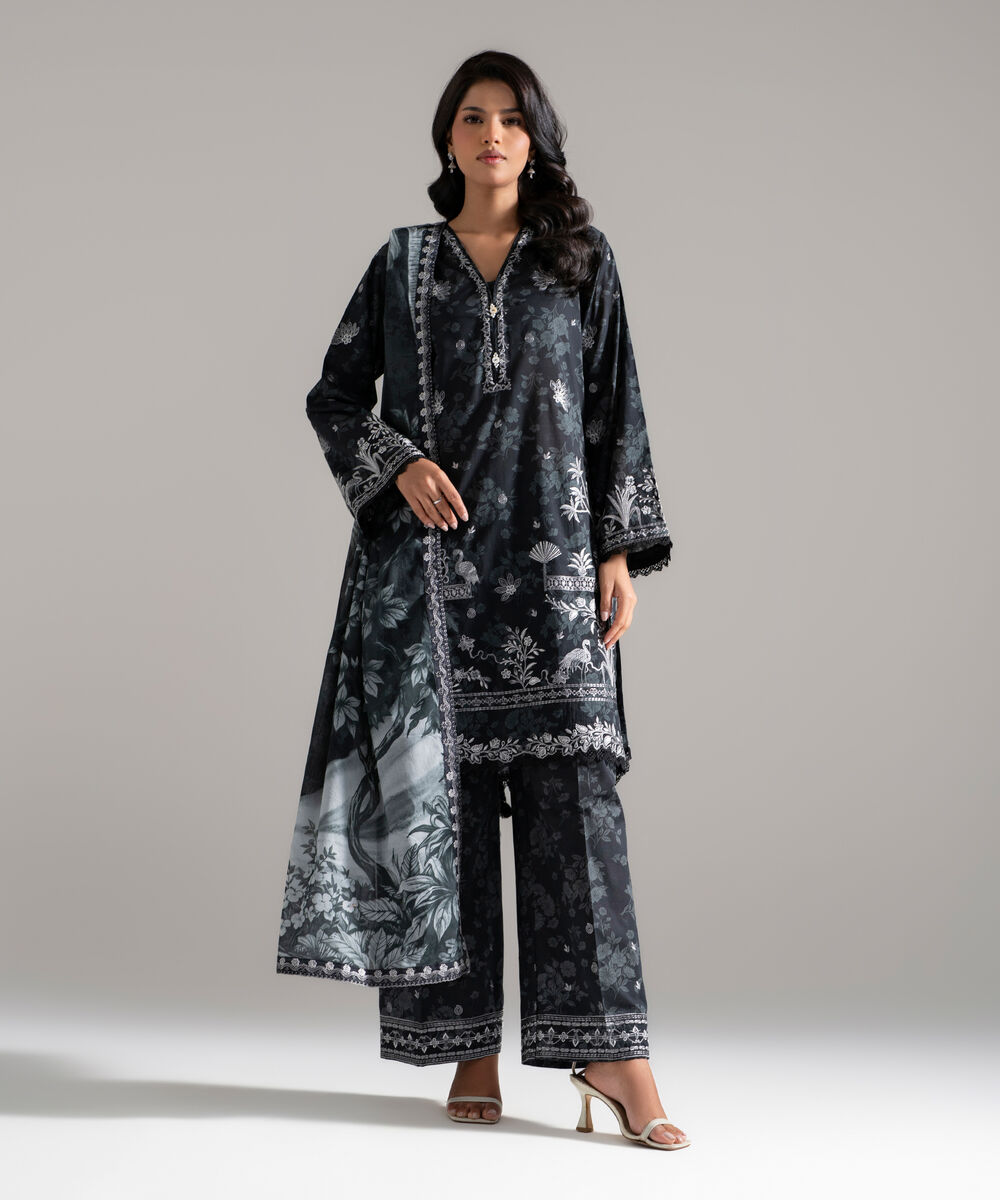 Women's RTW Lawn Embroidered Black 3 Piece Suit