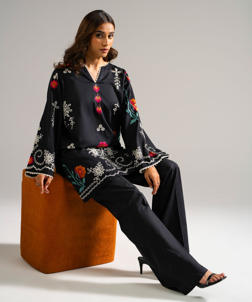 Women's RTW Dobby Embroidered Black Straight Shirt
