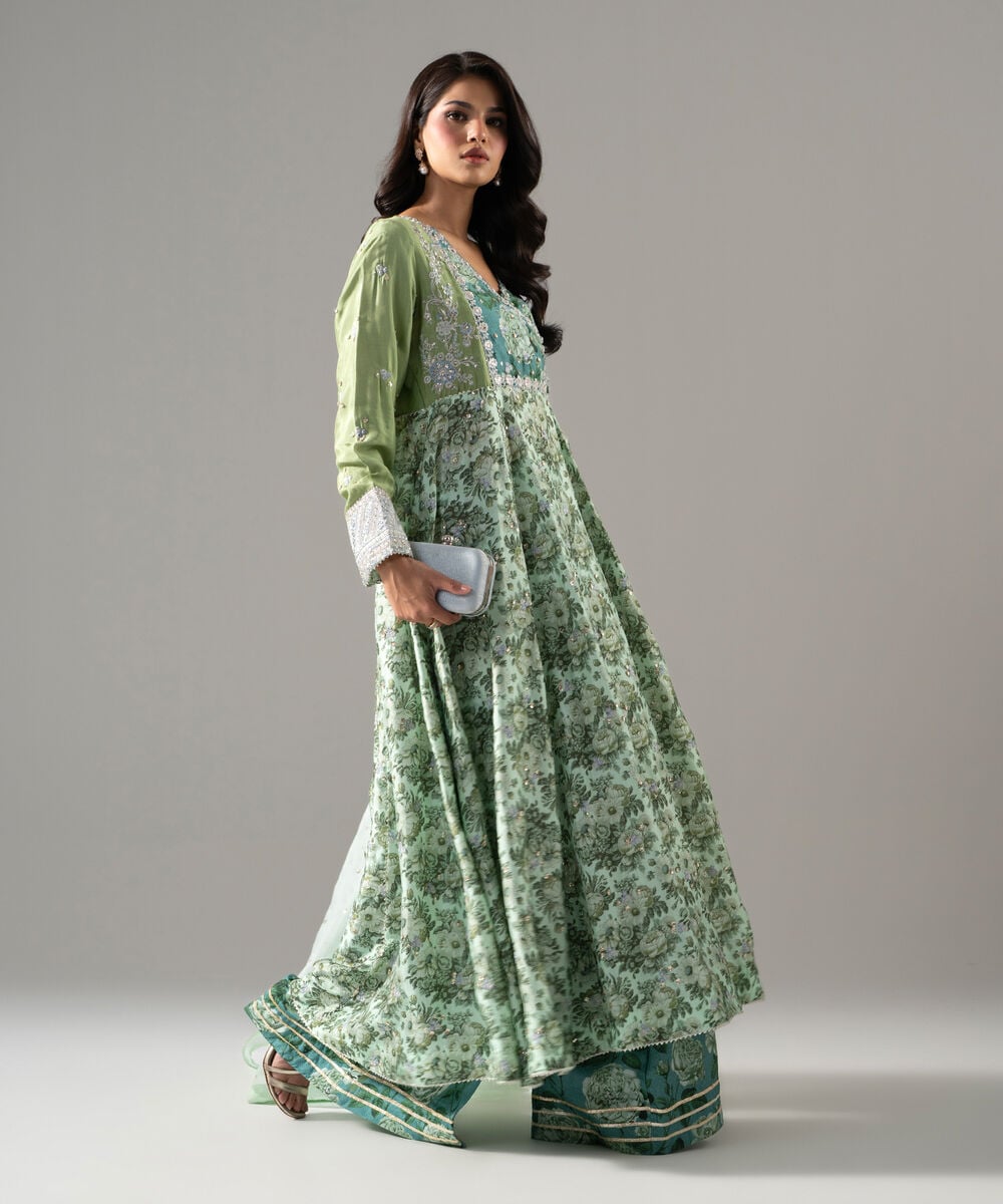 Women's RTW Bright Raw Silk Printed Green 3 Piece Suit