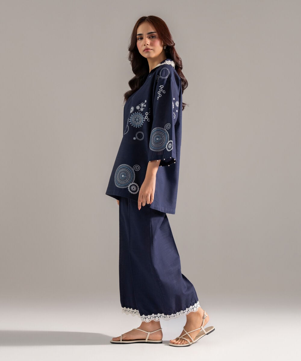 Women's RTW Khaddar Solid Embroidered Blue Drop Shoulder Shirt