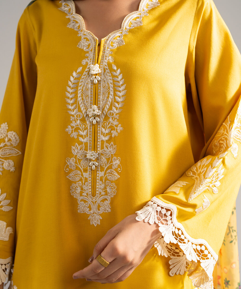 Women's RTW Dobby Crepe Embroidered Yellow 3 Piece Suit