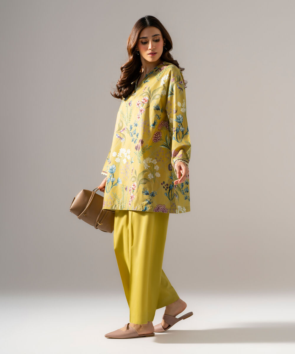 Women's RTW  Regular Khaddar Printed Muted Yellow Shirt and Trousers