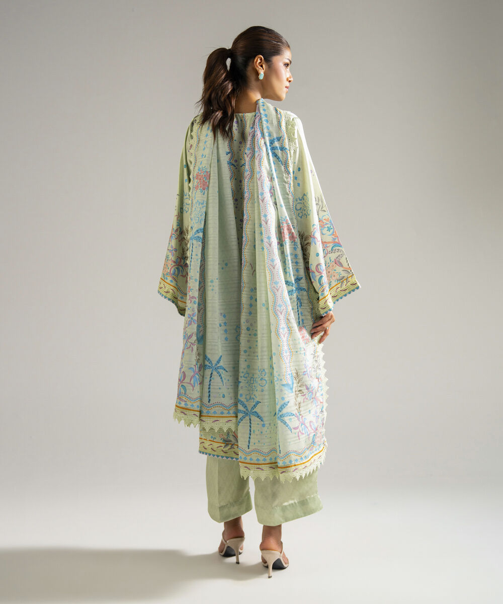 Women's RTW Blended Satin Printed Mint Green 3 Piece Suit