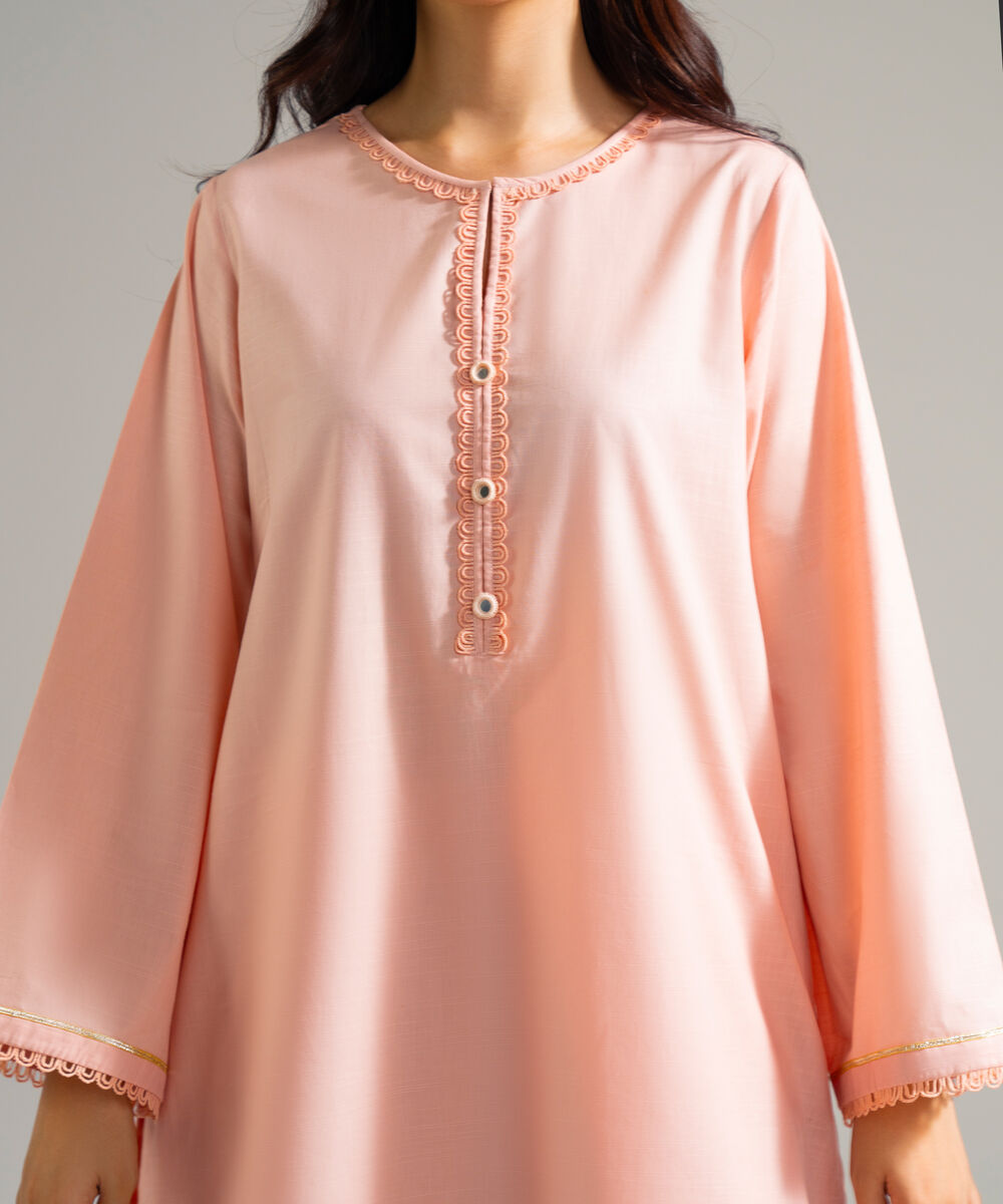 Women's RTW Slub Lawn Solid Peach 3 Piece Suit