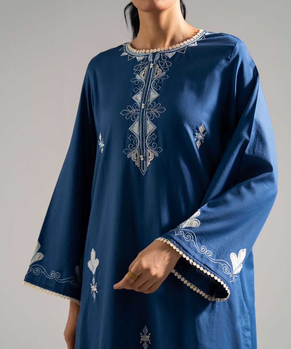 Women's RTW Dobby Embroidered Blue 2 Piece Suit