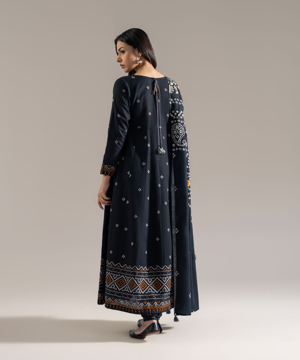 Women's RTW Khaddar Printed Black 3 Piece Suit