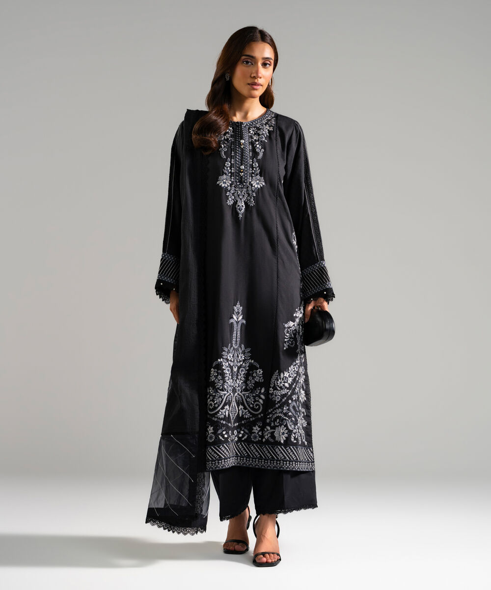 Women's RTW Textured Viscose Embroidered Black 3 Piece Suit