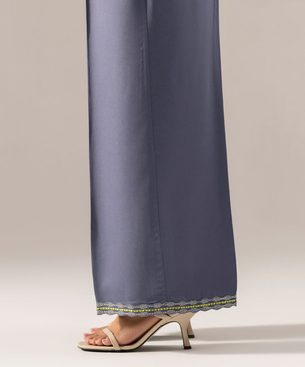 Women's RTW Solid Embroidered Blue Bedford Culottes