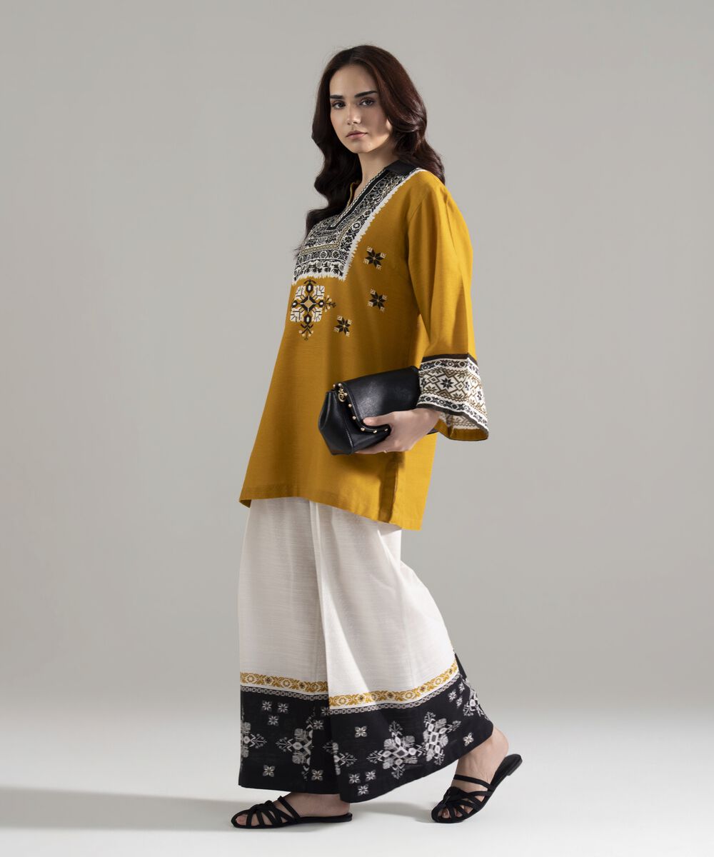 Women's RTW Khaddar Printed Mustard Brown Straight Shirt