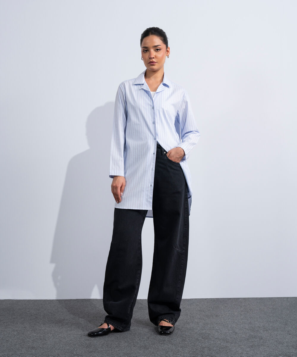 Women's Western Blue Yarn-Dyed Long Shirt