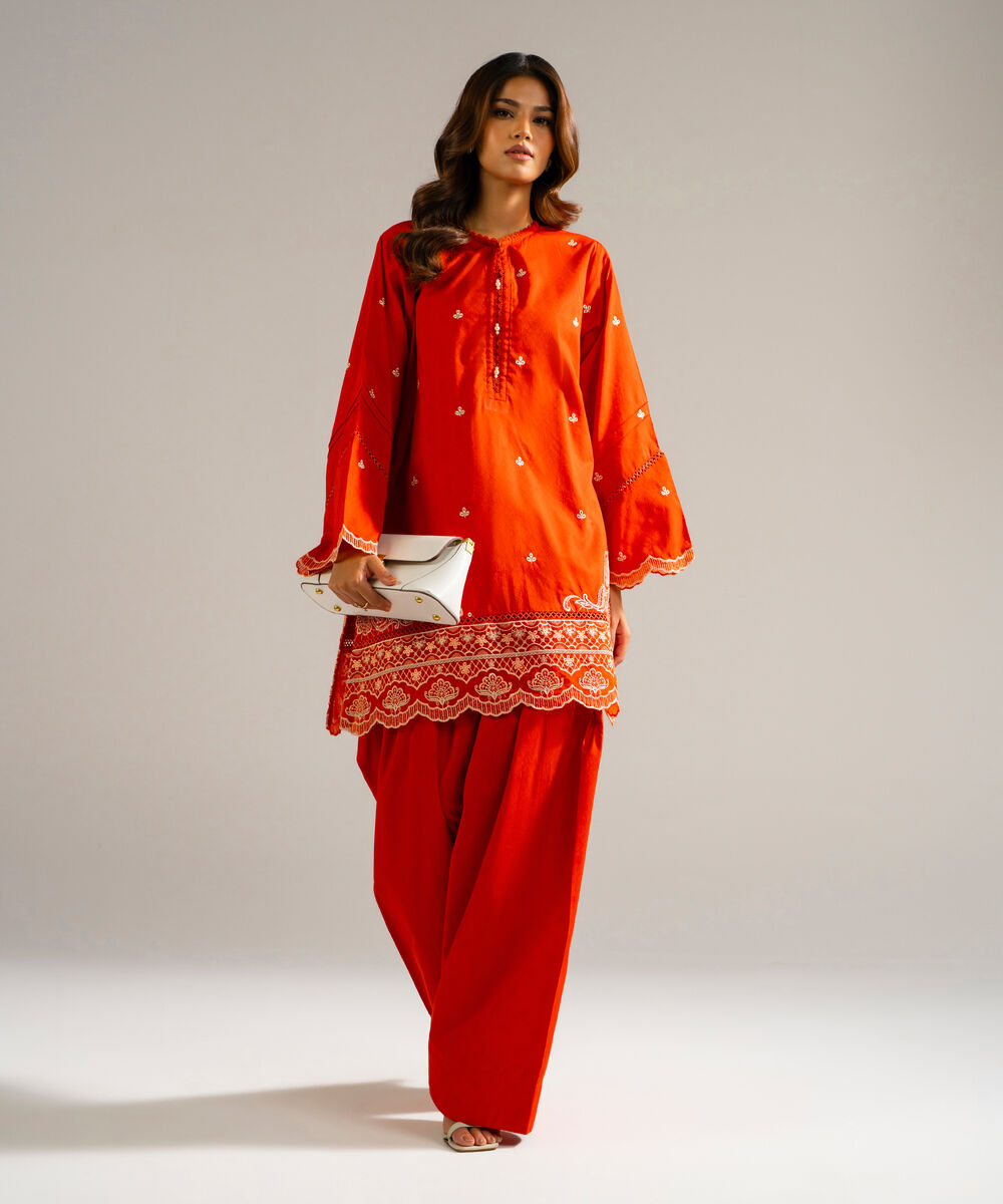 Women's RTW Self Jacquard Embroidered Rust 2 Piece Suit