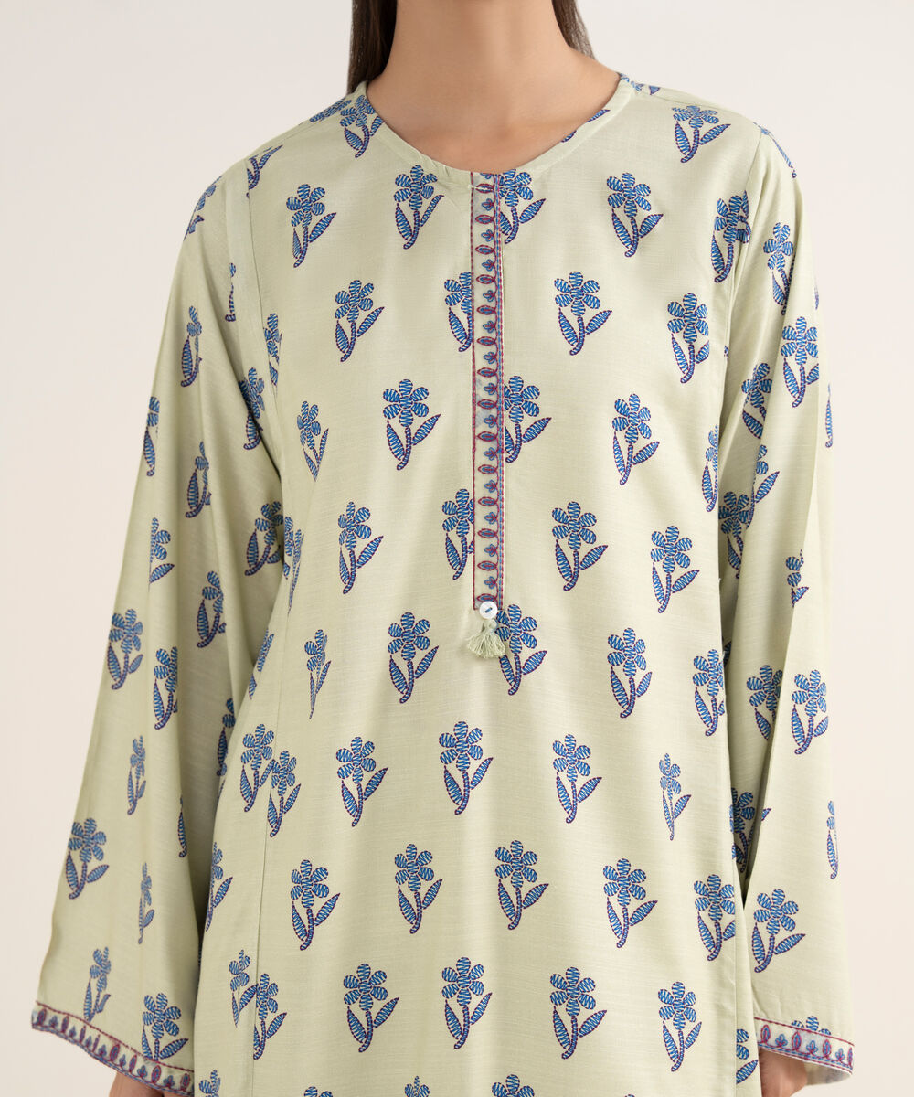 Women's RTW Herringbone Embroidered Mint Green A-Line Shirt