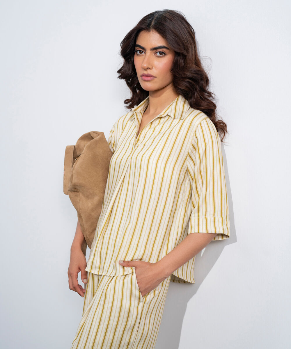 Women's Western Off White Linen Blend V-Neck  Top