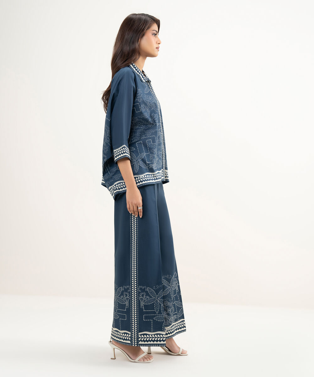 Women's RTW Lawn Printed Blue Drop Shoulder Shirt