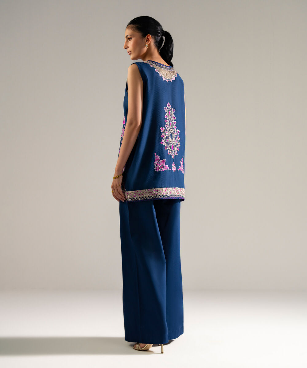 Women's RTW Dobby Embroidered Blue 2 Piece Suit