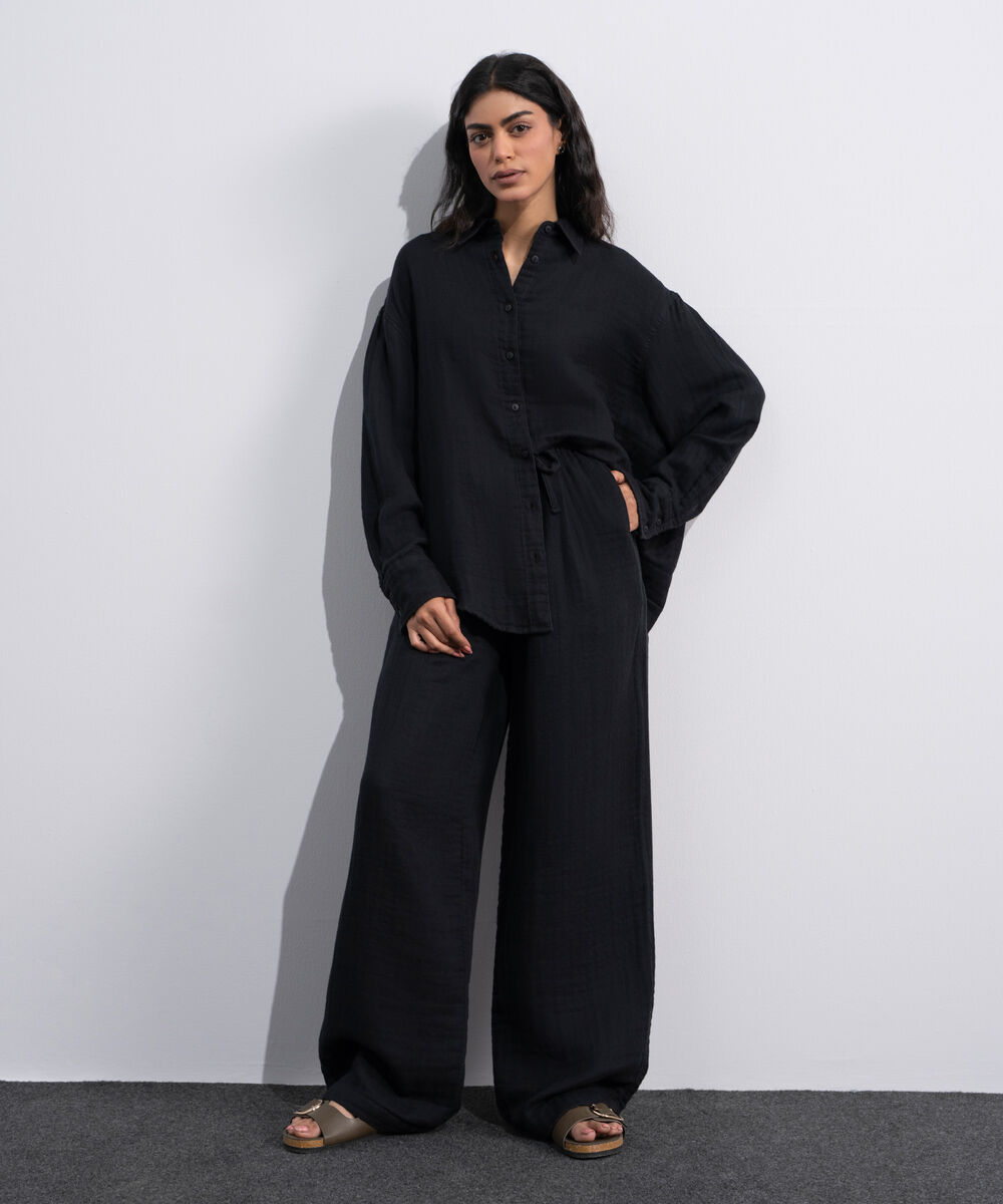 Women's Black Pleated Muslin Trousers