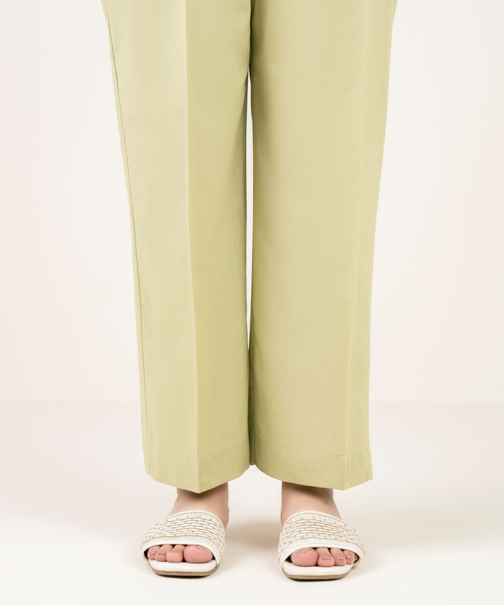 Women's RTW Cambric Solid Green Straight Pants