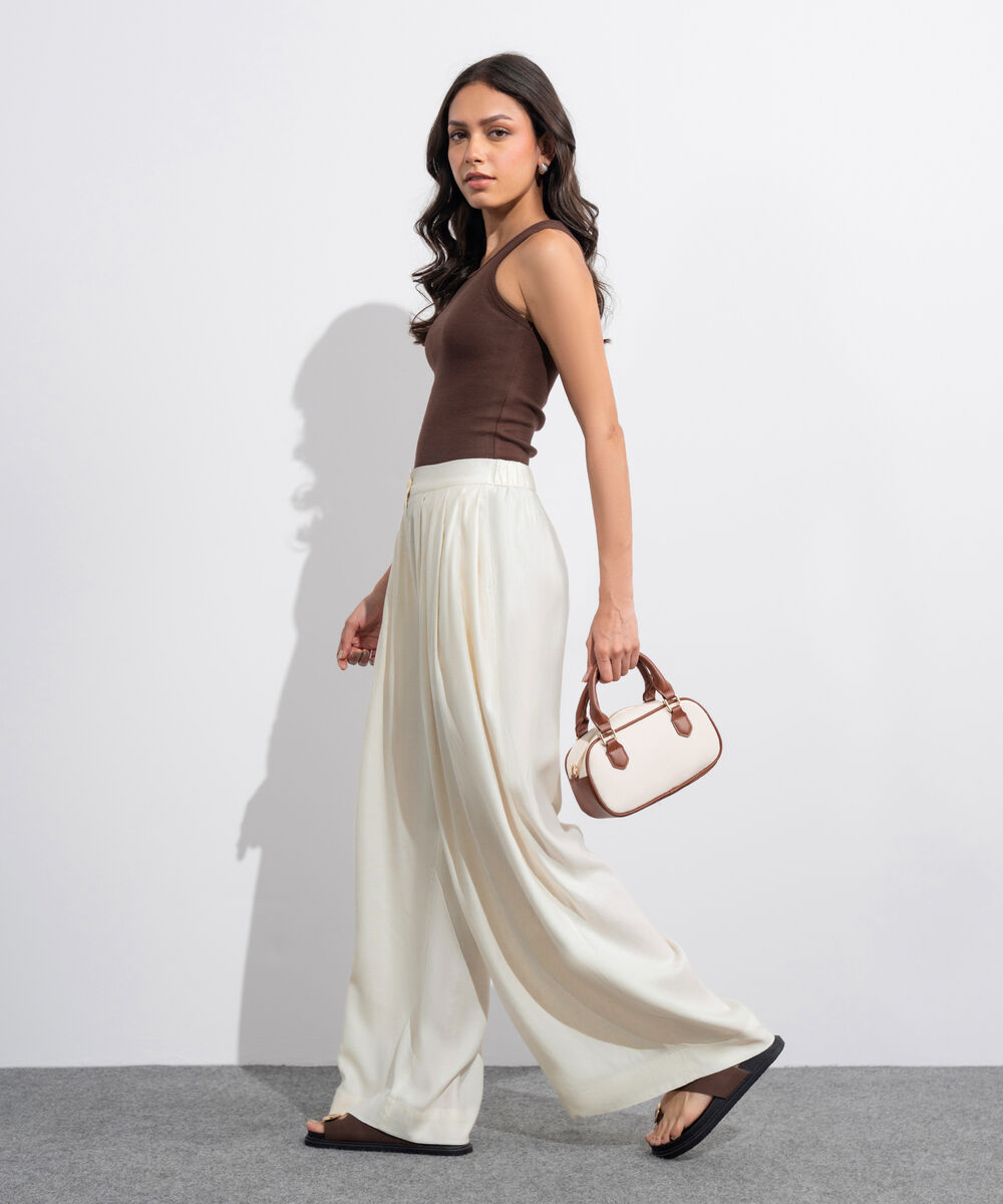 Women's Western Off White Linen Blend Pleated Trousers