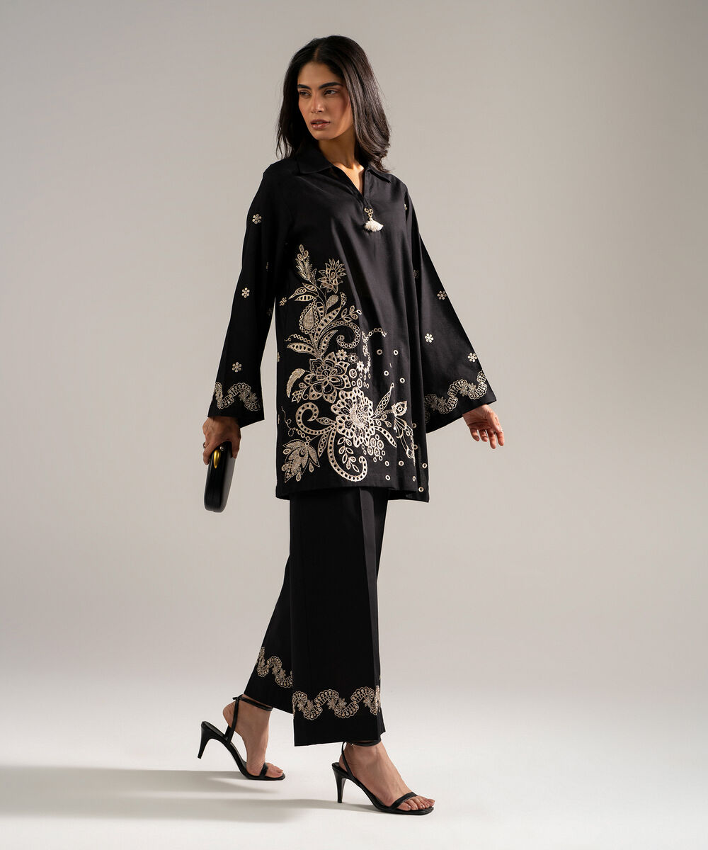 Women's RTW Self Jacquard Embroidered Black 2 Piece Suit