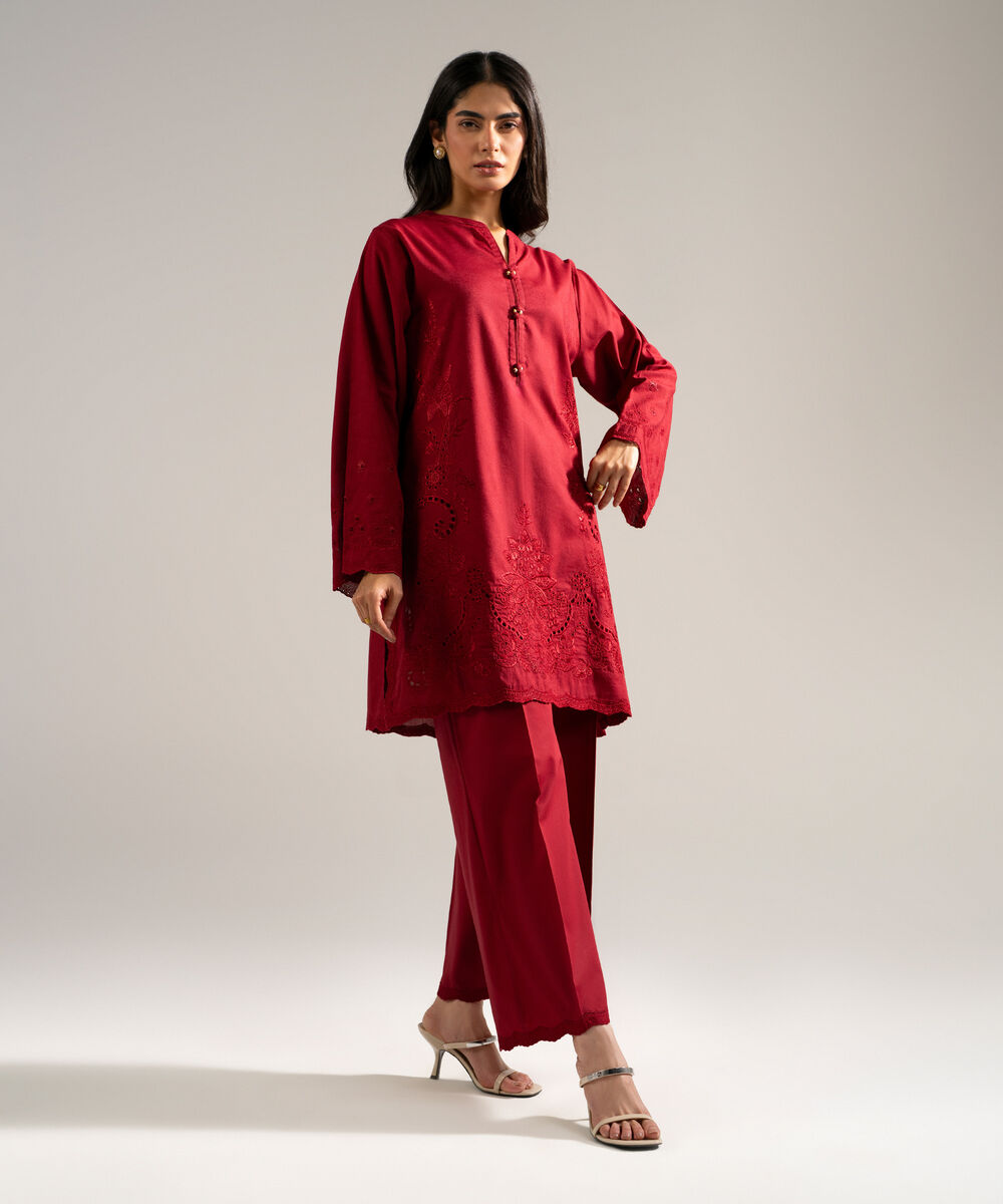 Women's RTW Self Jacquard Embroidered Red 2 Piece Suit