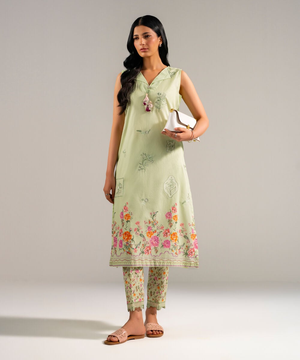 Women's RTW Lawn Embroidered Green Straight Shirt