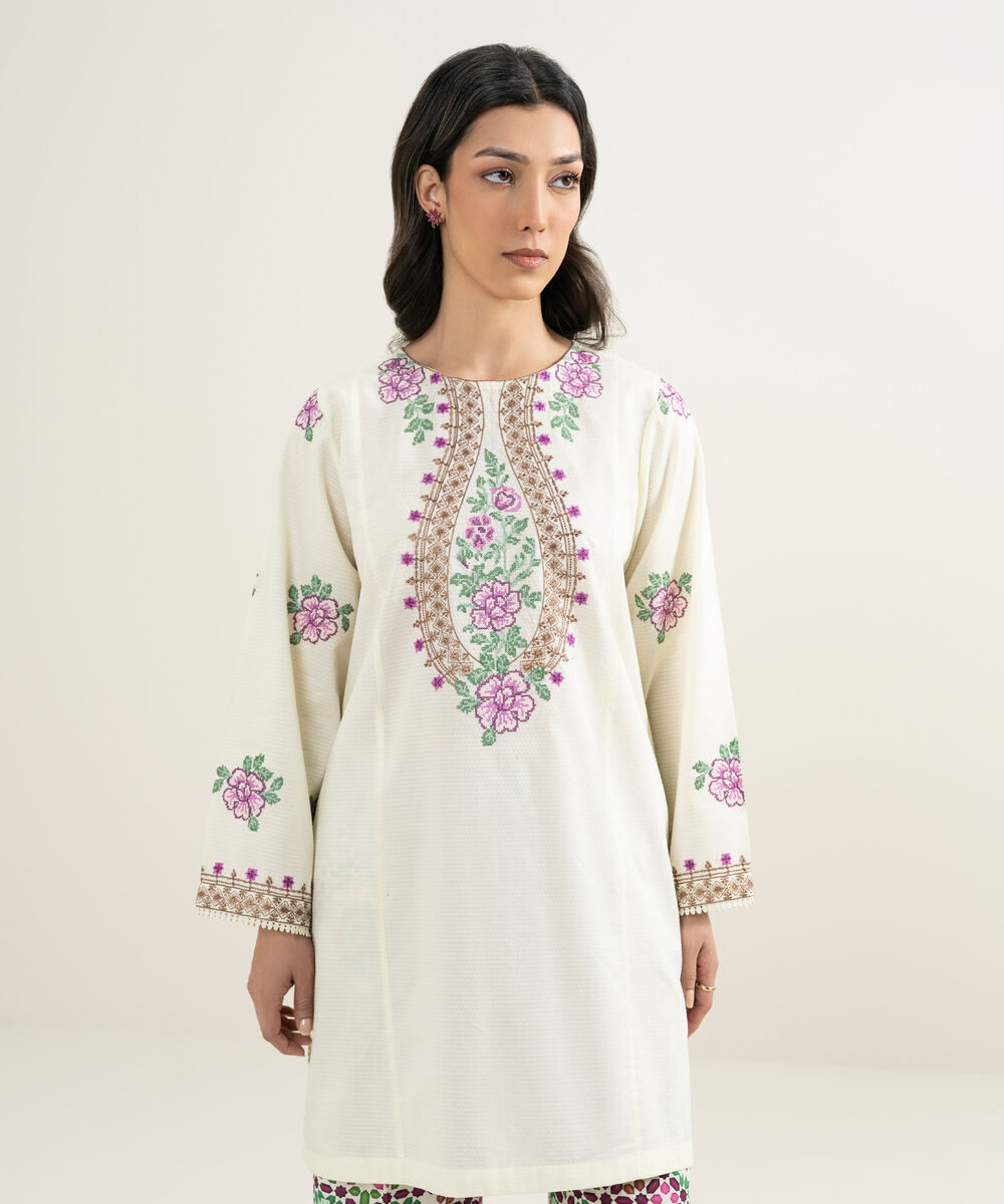Women's RTW Dobby Embroidered Off White Straight Shirt