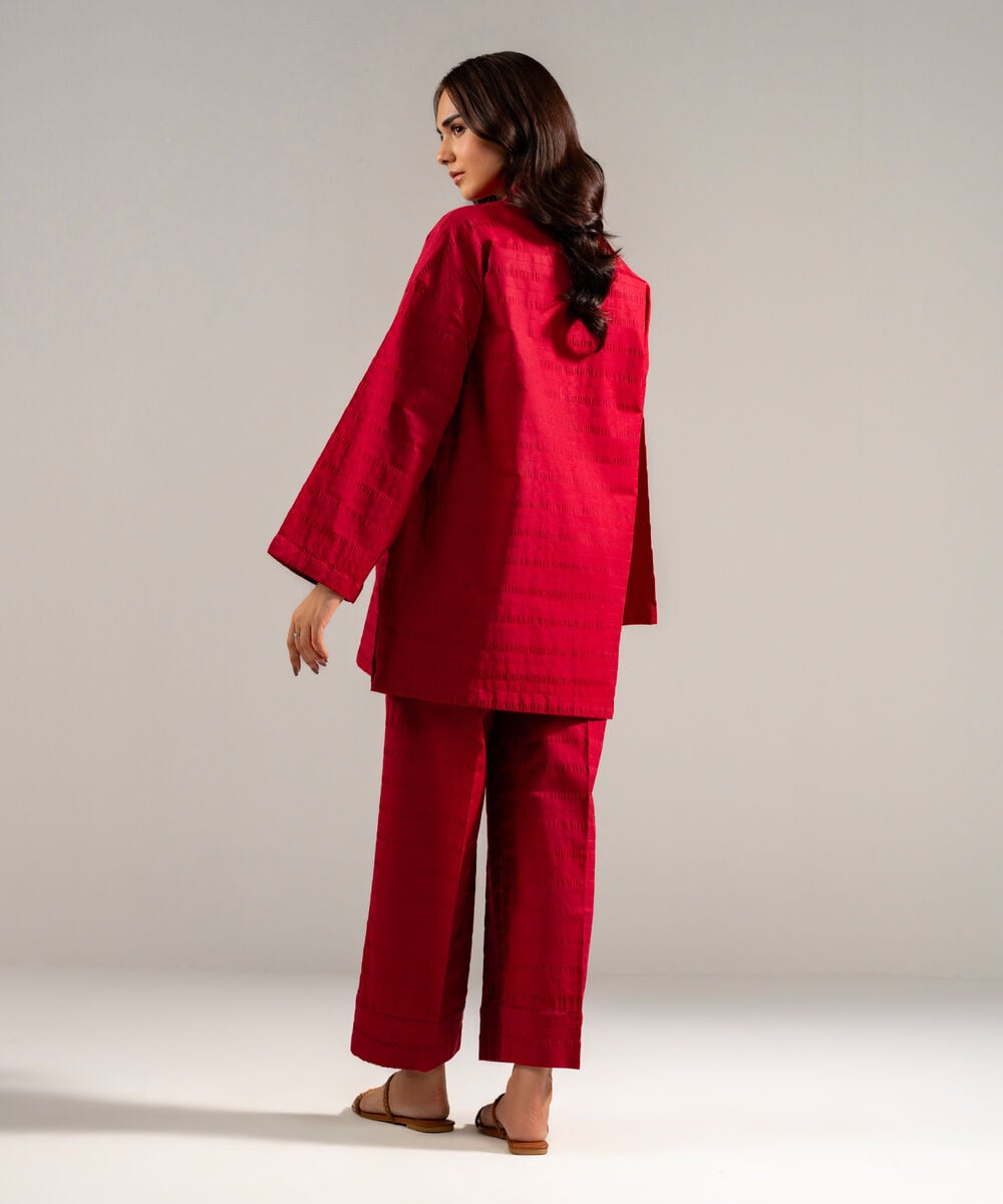 Women's RTW Seersucker Solid Maroon 2 Piece Suit