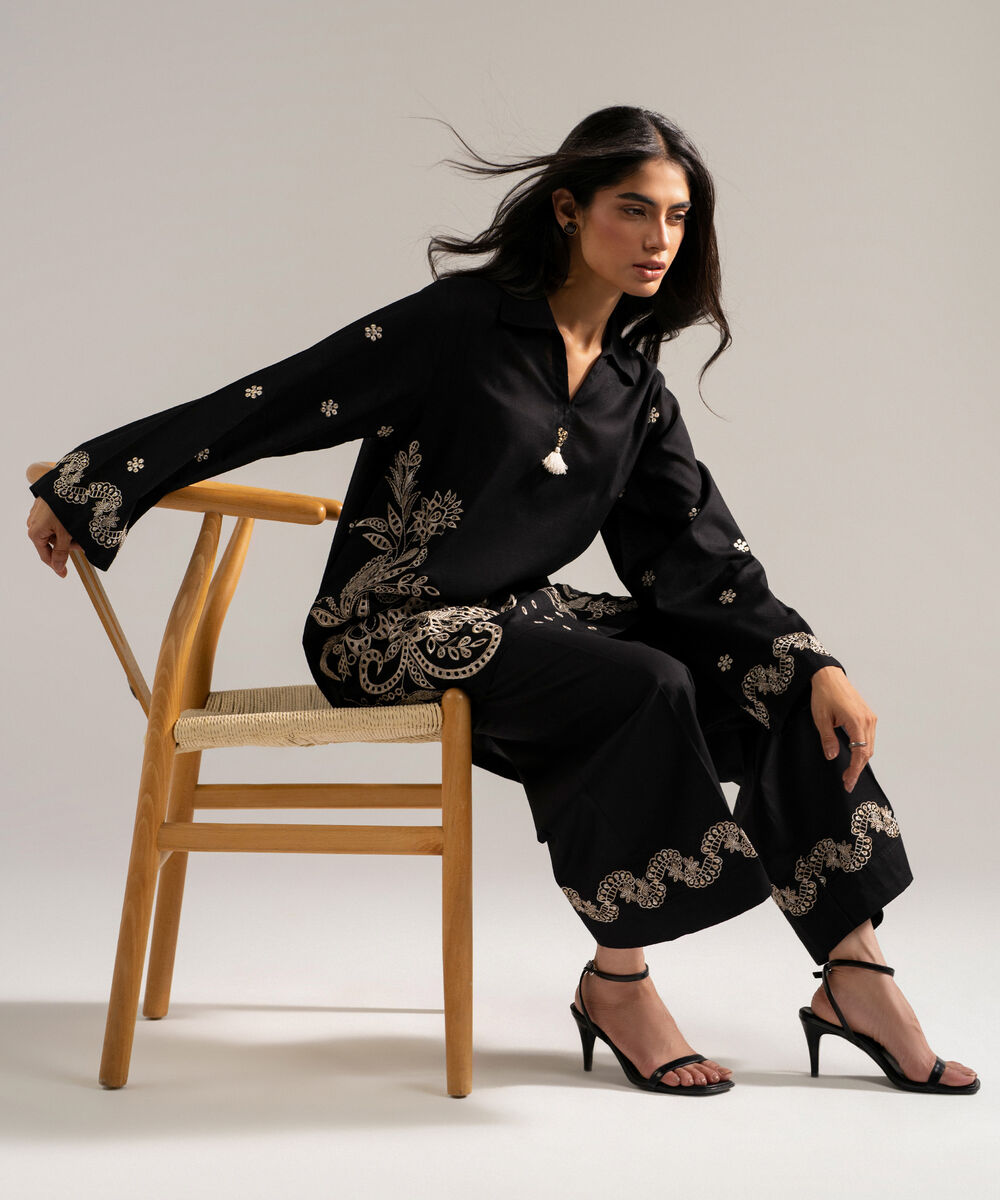Women's RTW Self Jacquard Embroidered Black 2 Piece Suit