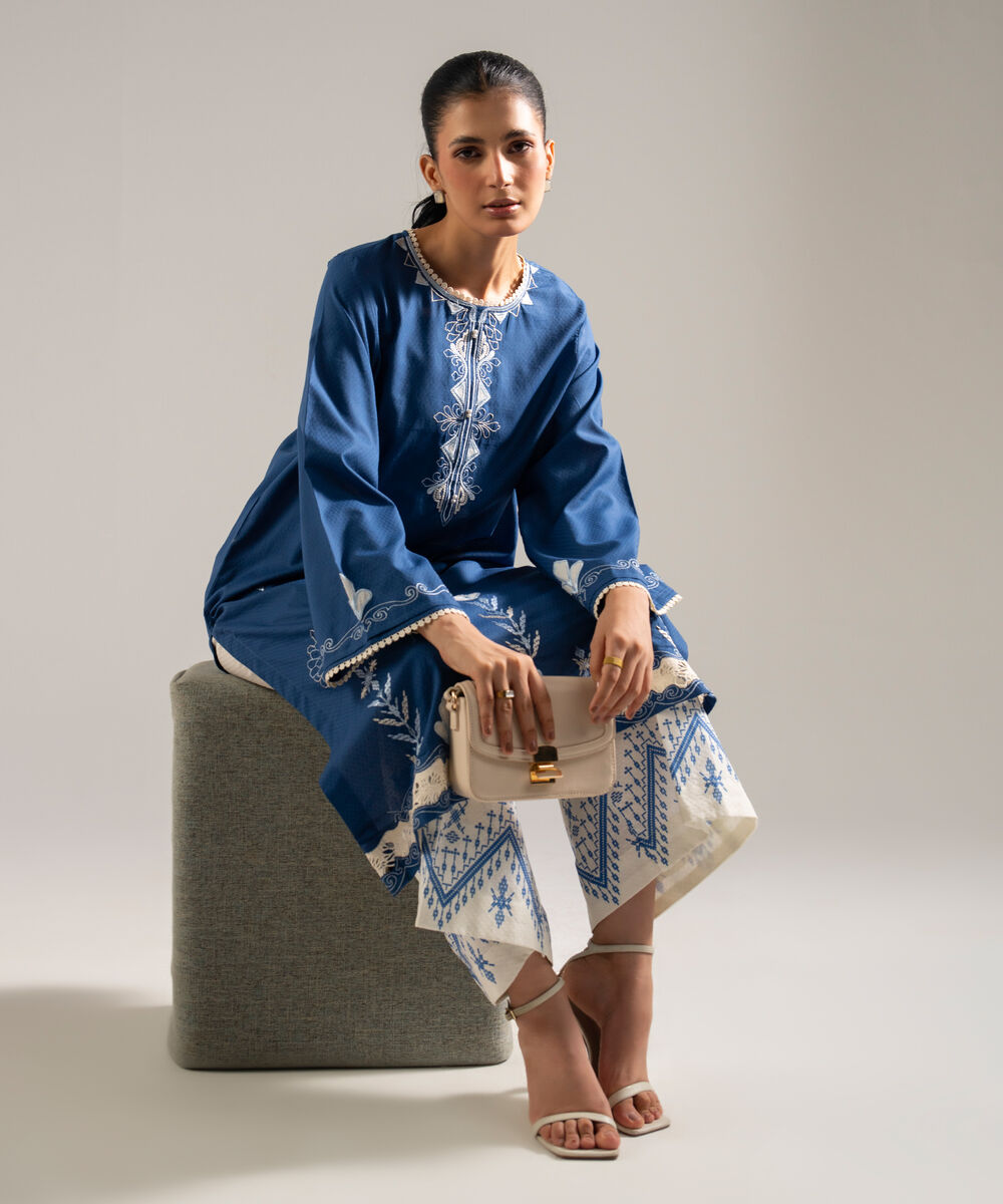 Women's RTW Dobby Embroidered Blue 2 Piece Suit
