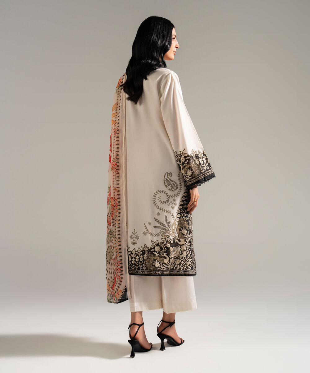 Women's RTW Slub Lawn Printed Off White 3 Piece Suit
