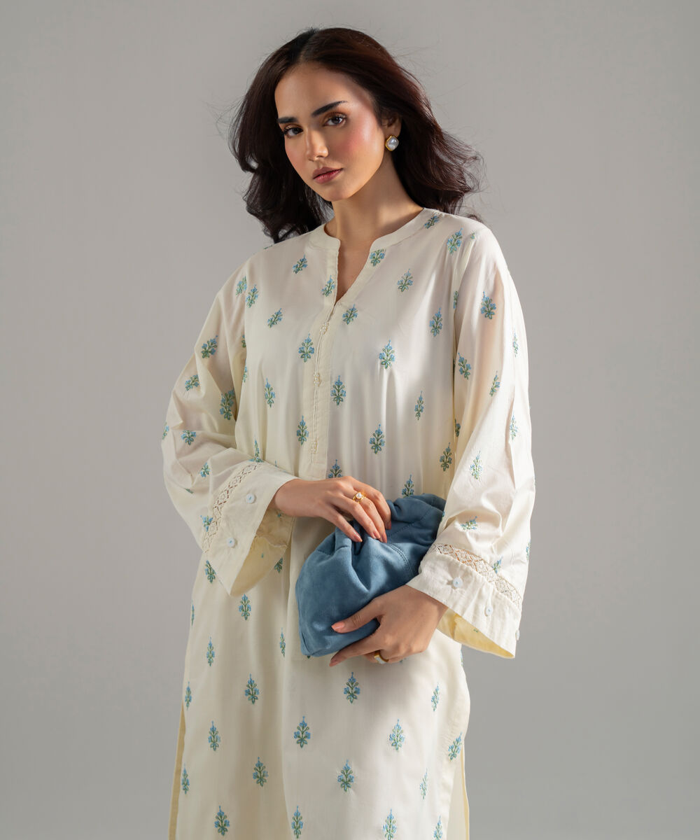 Women's RTW Solid Embroidered Lawn Off White A-Line Shirt