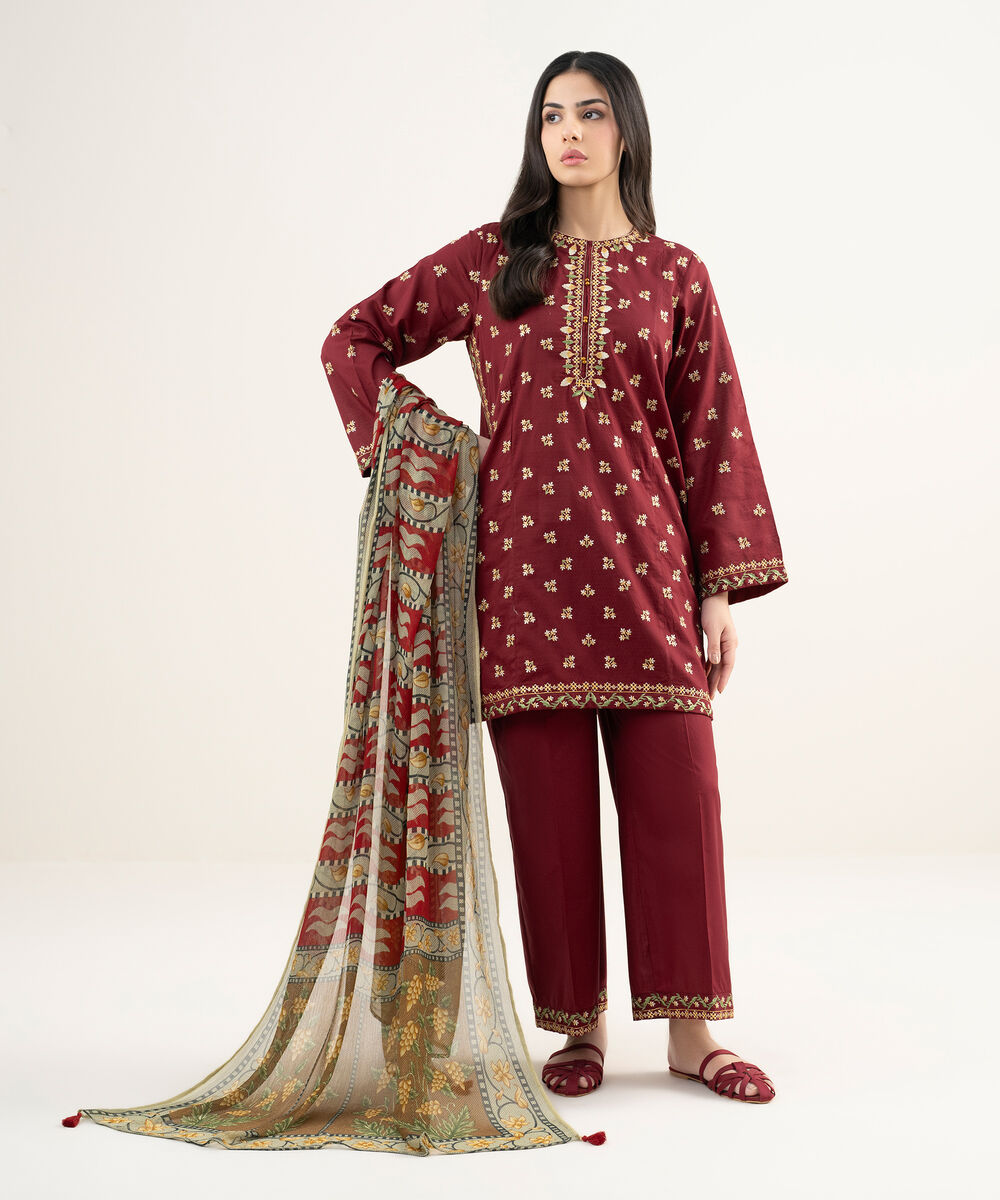 Women's RTW Dobby Embroidered Maroon Straight Shirt