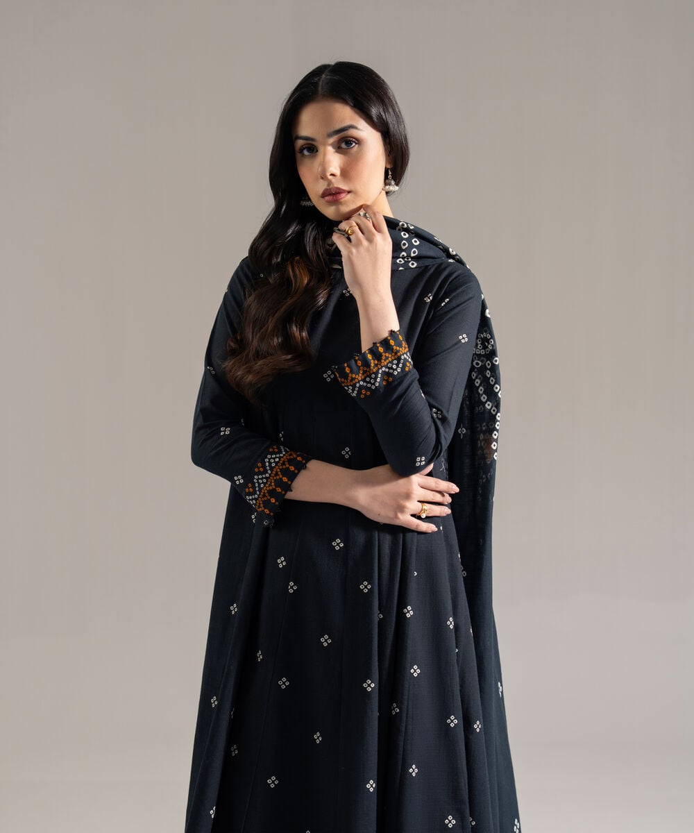 Women's RTW Khaddar Printed Black 3 Piece Suit
