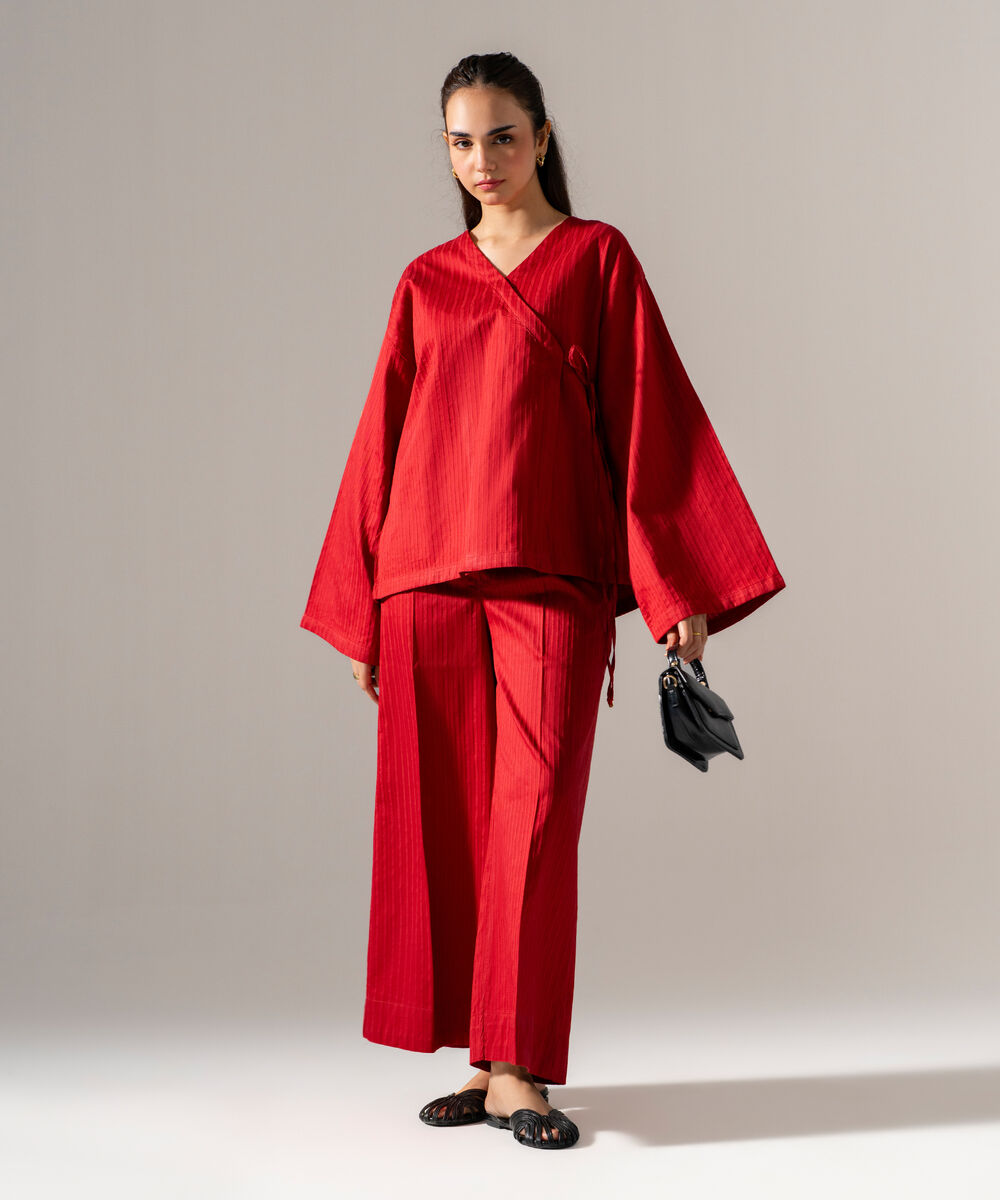 Women's RTW Dobby Strip Solid Red 2 Piece Suit