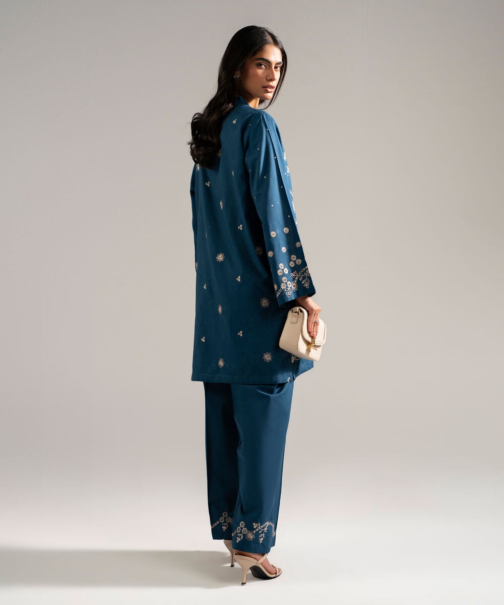 Women's RTW Self Jacquard Embroidered Blue 2 Piece Suit